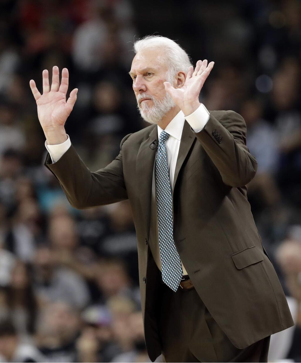 San Antonio Spurs head coach Gregg Popovich reacts to a play against the Houston Rockets during the second half of Game 5 of their second-round playoff series, Tuesday, May 9, 2017, in San Antonio. (AP Photo/Eric Gay)