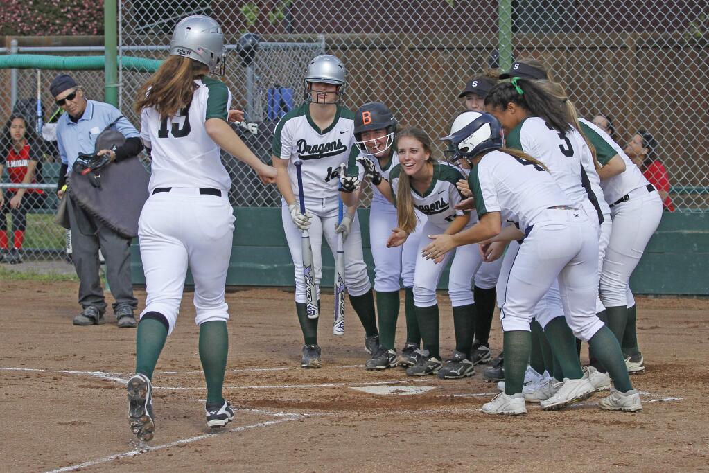 Bill Hoban/Index-TribuneThe Lady Dragons greet Ally Alcayaga at home Tuesday, after the first of her two home runs. She also drove in nine runs as the Lady Dragons walked over El Molino, 24-0.