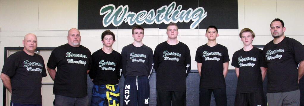 Steven Serafini/Index-TribuneThe five Dragon wrestlers, flanked by their coaches, who begin competing in the NCS championships, which begin today and end tomorrow, Saturday, Feb. 28, at James Logan in Fremont include (from left) assistant coach Scooter McAllister, head coach Tony Albini, senior Jake Randuch, senior Giacomo Biaggi, junior Dalton Elster, sophomore Noah Bartolome, freshman Dominic Biaggi, assistant coach Eduardo Hernandez. Not pictured: Assistant coach John Bartolome.