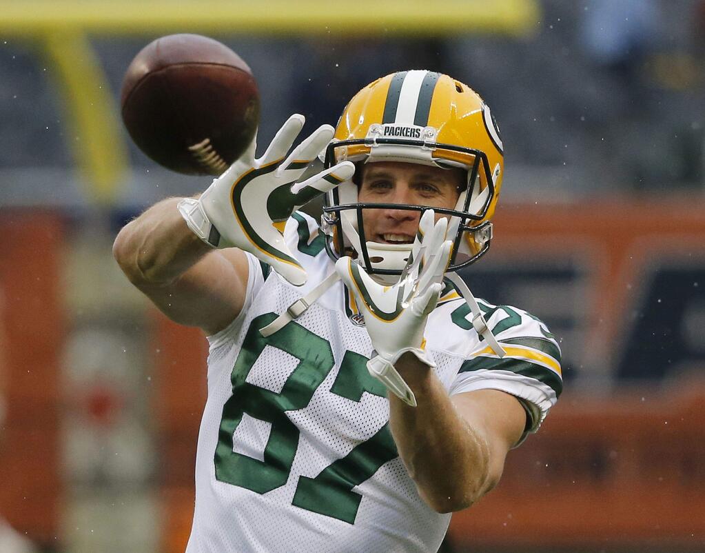 In this Nov. 12, 2017, file photo, Green Bay Packers wide receiver Jordy Nelson warms up before a game against the Chicago Bears in Chicago. (AP Photo/Charles Rex Arbogast, File)