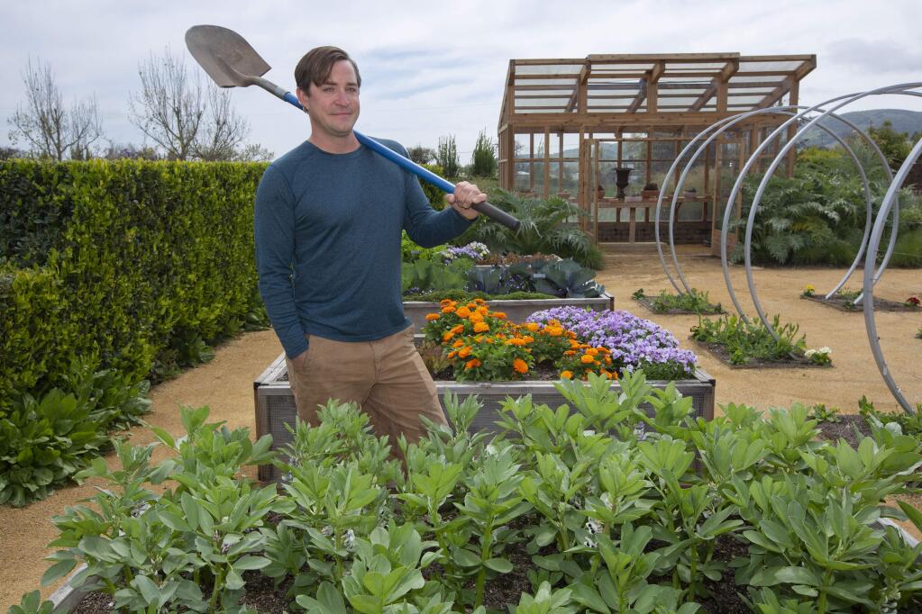 Christopher Landercaster, standing behind a growth of fava beans, oversees the gardens at Cornerstone. (Photo by Robbi Pengelly/Index-Tribune)