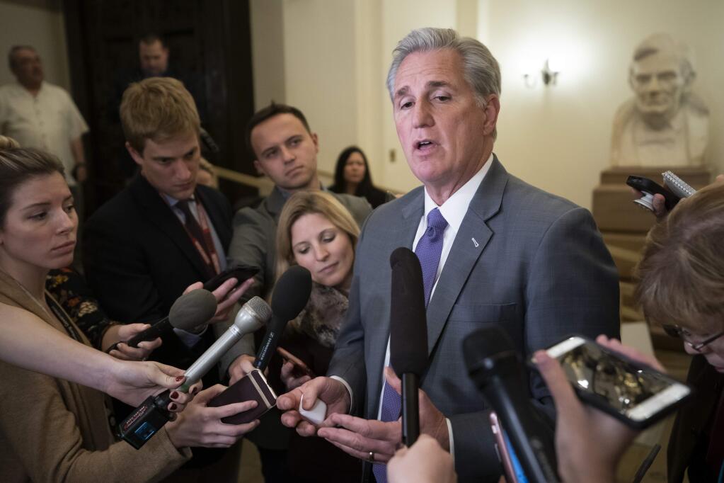 House Majority Leader Kevin McCarthy, R-Calif., speaks to reporters as he returns to the Capitol from a meeting with President Donald Trump about border security and ending the partial government shutdown, in Washington, Wednesday, Jan. 2, 2019. (AP Photo/J. Scott Applewhite)