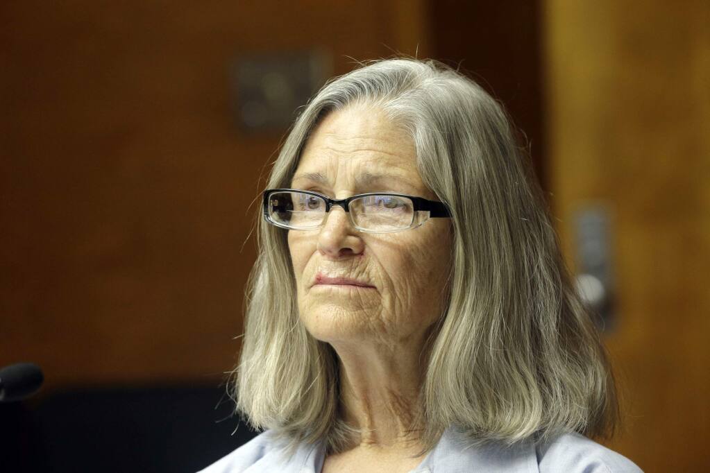Former Charles Manson follower Leslie Van Houten is seen during a hearing before the California Board of Parole Hearings at the California Institution for Women in Chino, Calif., Thursday, April 14, 2016. The panel recommended parole for Van Houten more than four decades after she went to prison for the killings of a wealthy grocer and his wife. The decision will now undergo administrative review by the board. If upheld it goes to Gov. Jerry Brown, who has final say on whether the now-66-year-old Van Houten is released. (AP Photo/Nick Ut)