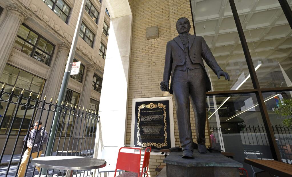 This Friday, May 31, 2019, photo shows a statue honoring William Alexander Leidesdorff in San Francisco. African Americans started moving to San Francisco in the 19th century, drawn by its reputation for tolerance, writes Albert S. Broussard in 'Black San Francisco.' Among those was William Alexander Leidesdorff, who came to San Francisco before it was called San Francisco, and served on its first town council. (AP Photo/Eric Risberg)