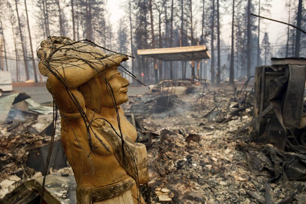 A statue rests amid a charred lot as the Camp Fire tears through Paradise, Calif., on Thursday, Nov. 8, 2018. Tens of thousands of people fled a fast-moving wildfire Thursday in Northern California, some clutching babies and pets as they abandoned vehicles and struck out on foot ahead of the flames that forced the evacuation of an entire town. (AP Photo/Noah Berger)
