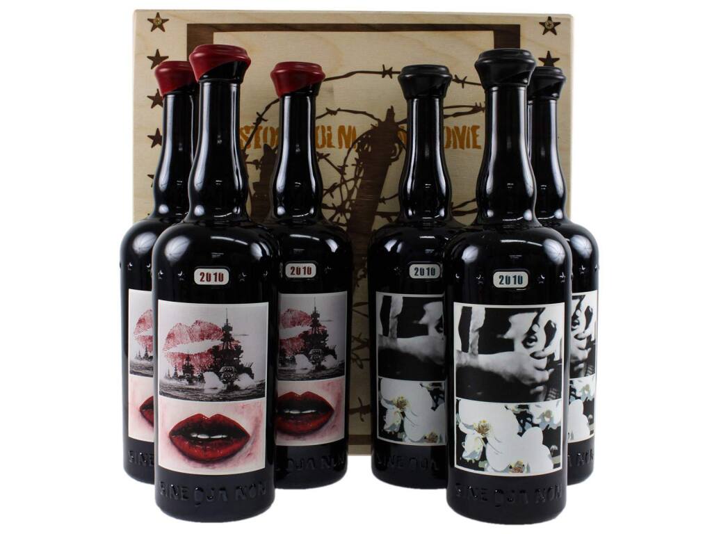 WineBid offers this six-bottle horizonal lot of 2010 Sin Qua Non Stockholm Eleven Confessions syrah and grenache wine in its original wood case is offered for bid June 8, 2017. (WINEBID.COM)