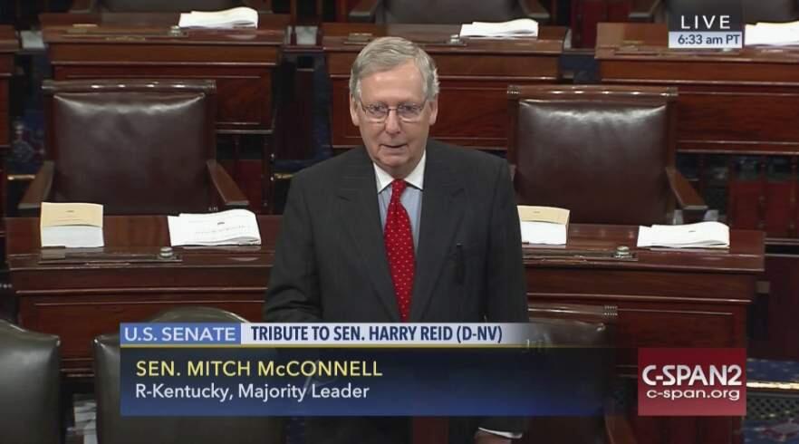 This image provided by C-SPAN2 shows Senate Majority Leader Mitch McConnell of Ky. speaking on the Senate floor on Capitol Hill in Washington, Thursday, Dec. 8, 2016, during a tribute to retiring Senate Minority Leader Harry Reid of Nev. (C-SPAN2 via AP)