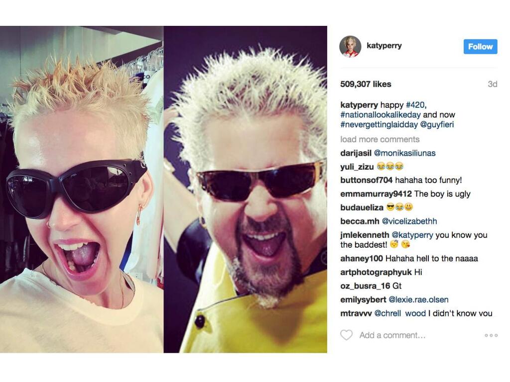 Popstar Katy Perry took to Instagram last week sporting superstar chef Guy Fieri's signature look and the two could have been twins. (INSTAGRAM)