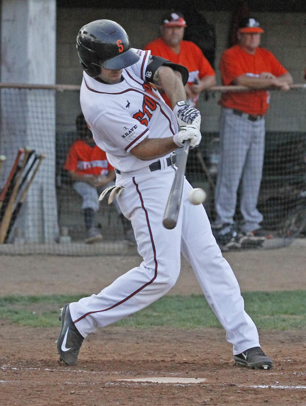 Bill Hoban/Index-TribuneSonoma Stompers' left fielder Brennan Metzger connects fora hit during Friday's game against the Pittsburg Diamonds. Mtezger has a 15-game hitting streak going and is batting .330 on the year.
