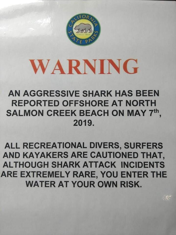 State Park personnel have posted warning signs along a 2-mile stretch of coastline around North Salmon Creek Beach in the wake of an aggressive encounter involving a surfer and a great white shark on May 7.