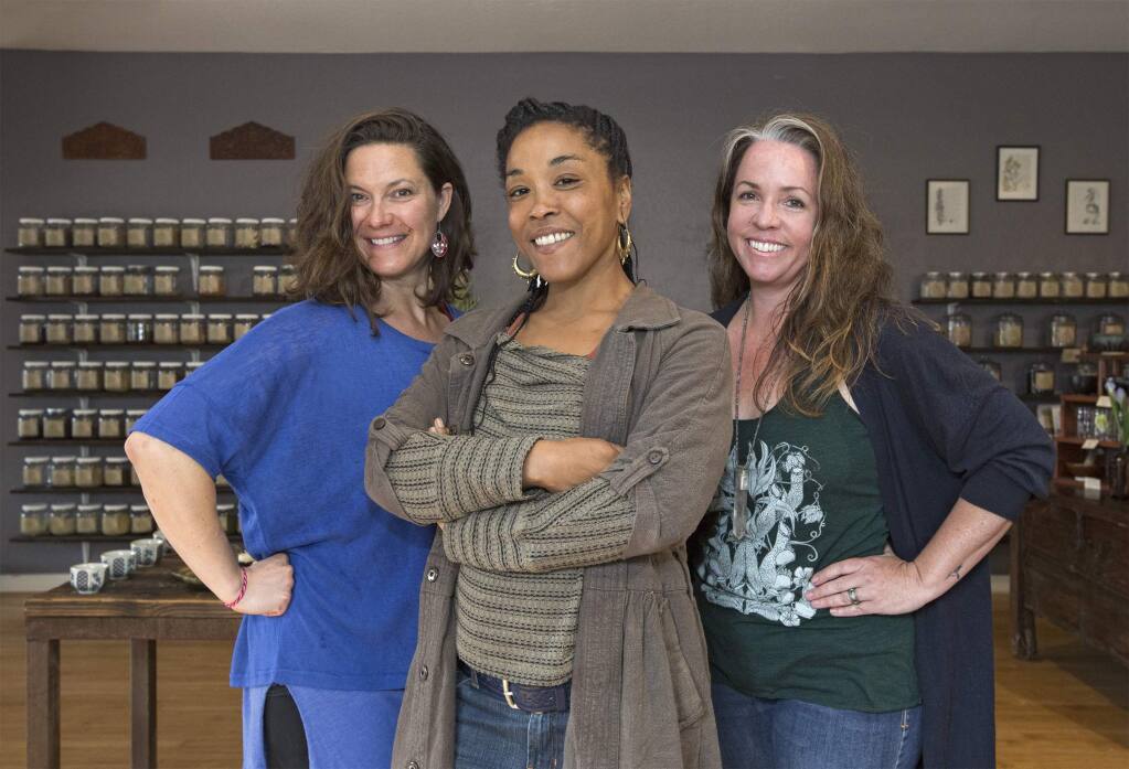 From left, Ashley Holladay (hands-on yoga massage), Abi Huff (proprietor and clinical herbalist), and Amy Murphy (Reiki master) all practice their healthful arts at Stinging Nettle on Highway 12 in Boyes Hot Springs. (Photo by Robbi Pengelly/Index-Tribune)