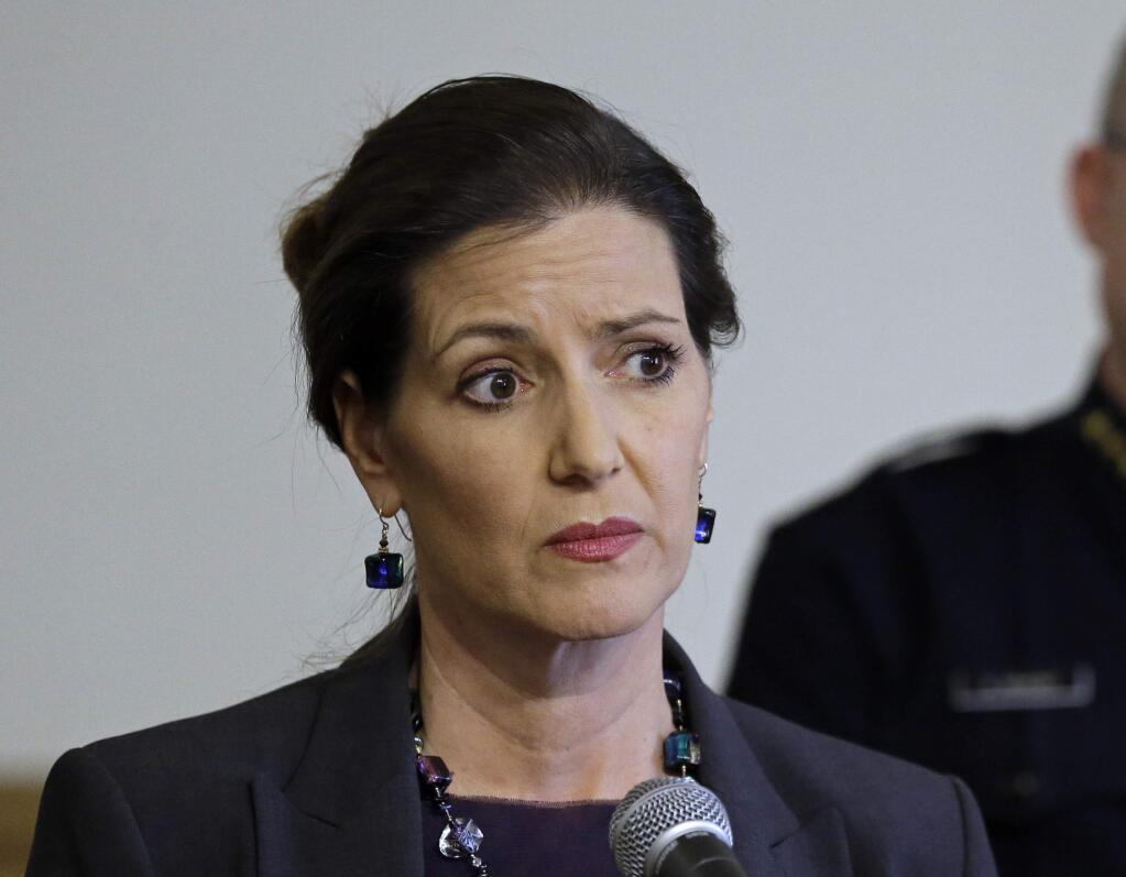 FILE - In this May 13, 2016 file photo, Oakland Mayor Libby Schaaf, speaks at a news conference in Oakland, Calif. A federal immigration official says about 800 people living in Northern California were able to avoid arrest because of a warning by Schaaf. Thomas Homan, the Immigration and Customs Enforcement chief, told 'Fox and Friends' Wednesday, Feb. 28, 2018, that what Schaaf did was 'no better than a gang lookout yelling 'police' when a police cruiser comes in the neighborhood.' (AP Photo/Ben Margot, FIle)