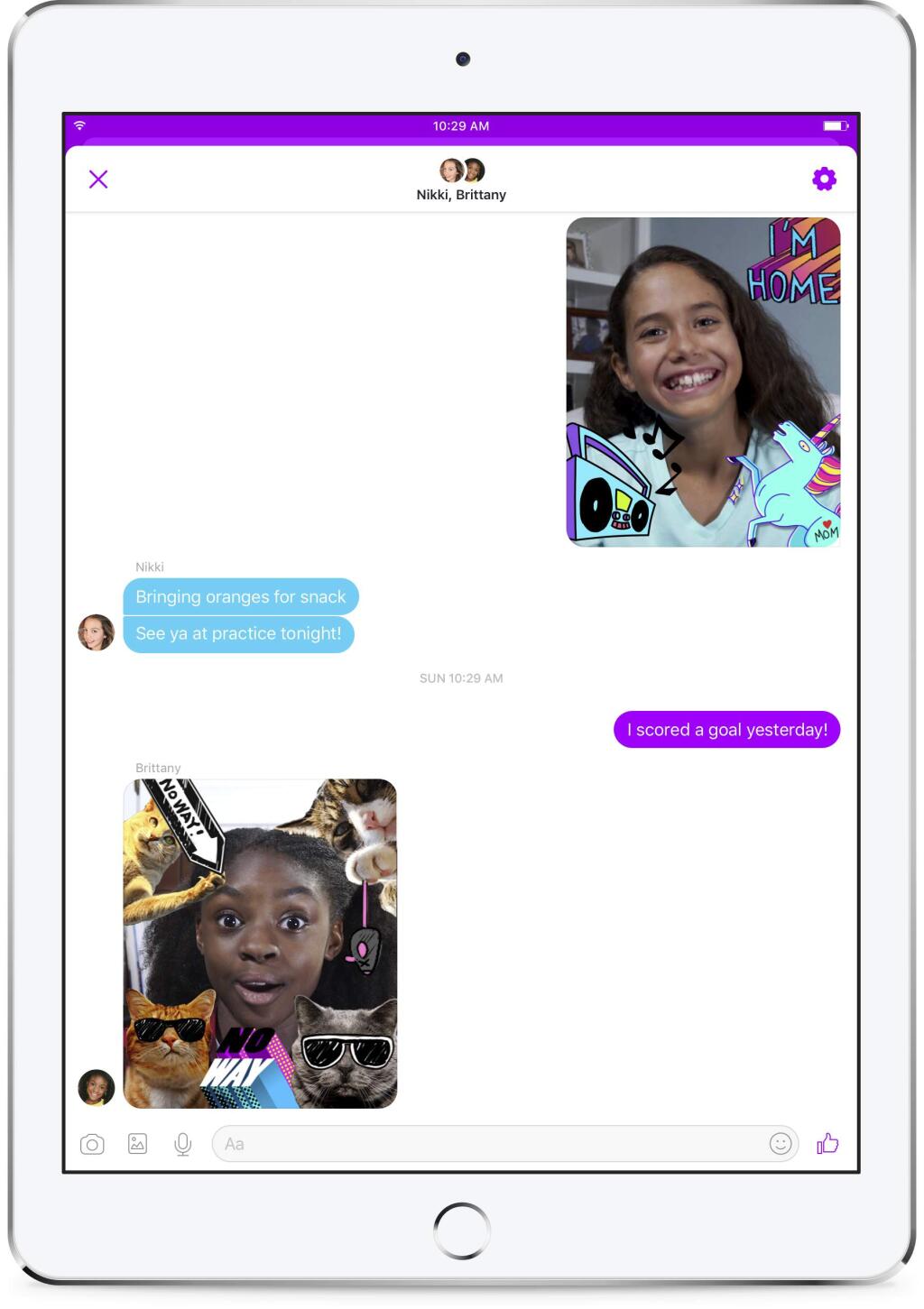 This photo provided by Facebook demonstrates Facebook's new Messenger app for kids on an iPad. Facebook is launching the messaging app for children to chat with their parents and with friends approved by their parents. The free app is aimed at kids under 13, who can't yet have their own accounts under Facebook's rules, though they often do. (Courtesy of Facebook via AP)