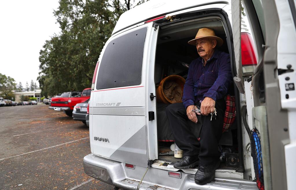 Jim Suits had to sleep in his van, parked near the Sonoma County Main Adult Detention Facility, while awaiting the release of his son, Steven Suit, from the county jail. Suits expected his son to be released on September 10, and was still awaiting his release on September 13.(Christopher Chung/ The Press Democrat)