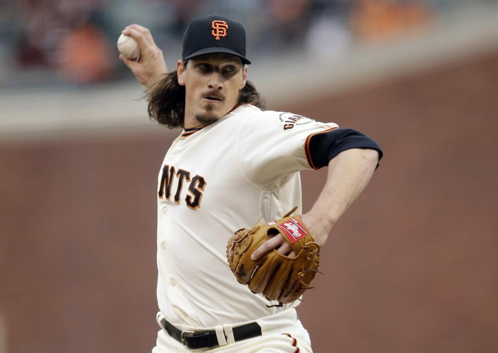 San Francisco Giants starting pitcher Jeff Samardzija throws to the San Diego Padres during the first inning of a baseball game Tuesday, May 24, 2016, in San Francisco. (AP Photo/Marcio Jose Sanchez)