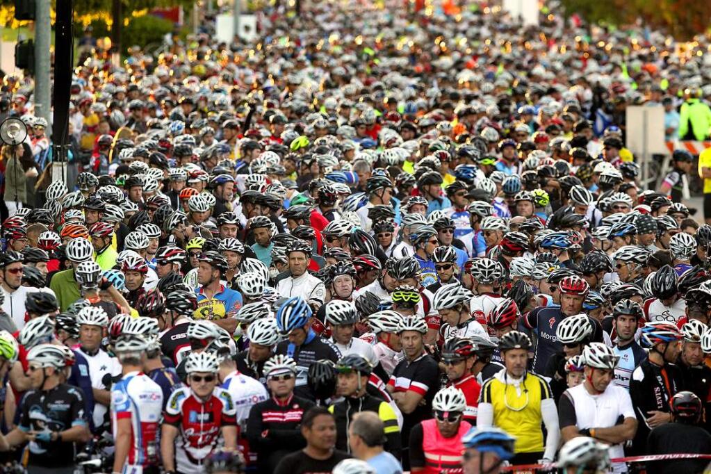 Thousands of riders gather along Stony Point Rd. in Santa Rosa for the start of Levi's GranFondo bike ride through west Sonoma County on October 4, 2014.