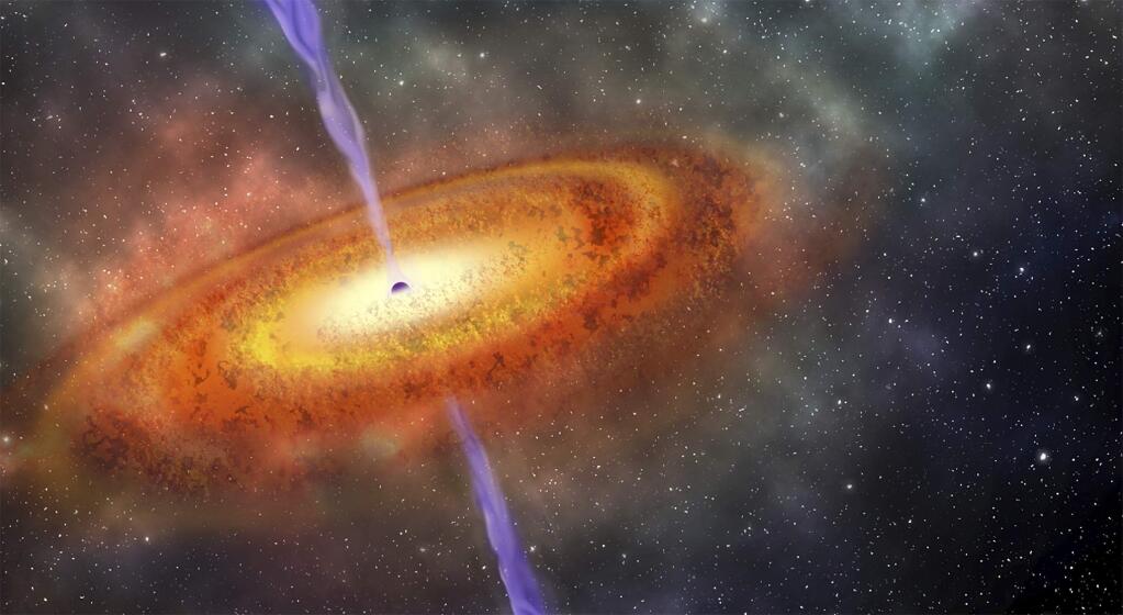 This illustration provided by the Carnegie Institution for Science shows the most-distant supermassive black hole ever discovered, which is part of a quasar from just 690 million years after the Big Bang. On Wednesday, Dec. 6, 2017, a team led by the Carnegie Observatories' Eduardo Banados reported the discovery in the journal Nature. (Robin Dienel/Carnegie Institution for Science via AP)