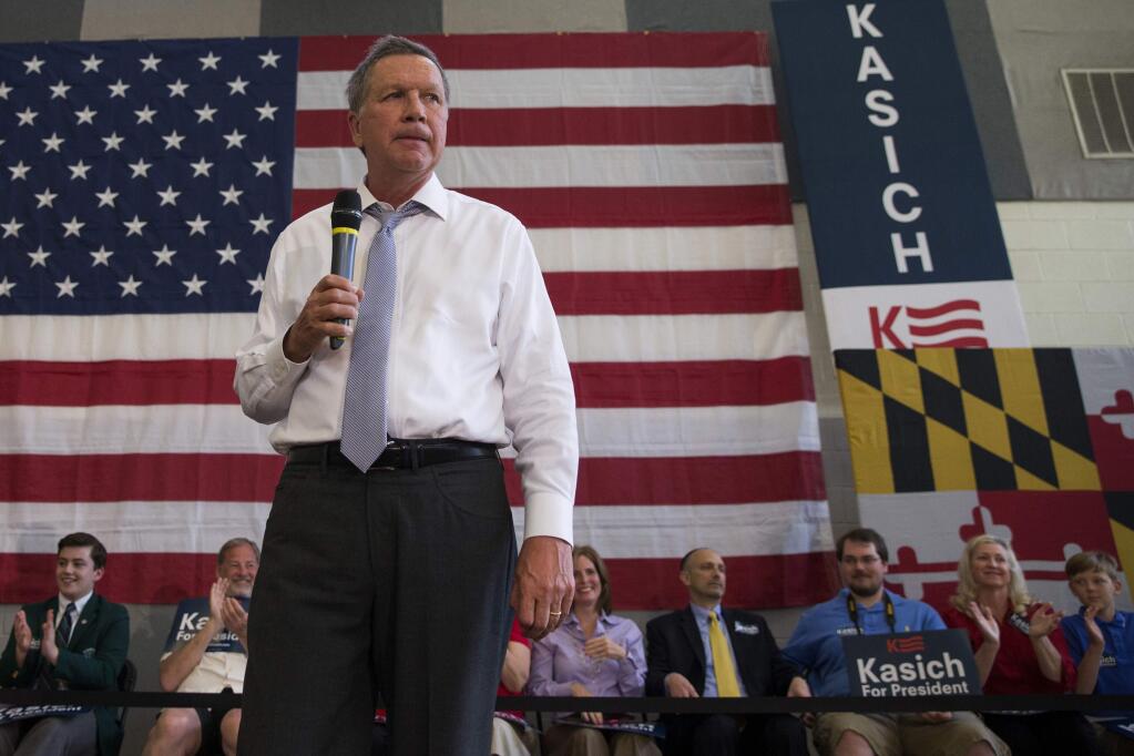 Republican presidential candidate, Ohio Gov. John Kasich speaks during a town hall at Thomas farms Community Center on Monday, April 25, 2016, in Rockville, Md. (AP Photo/Evan Vucci)