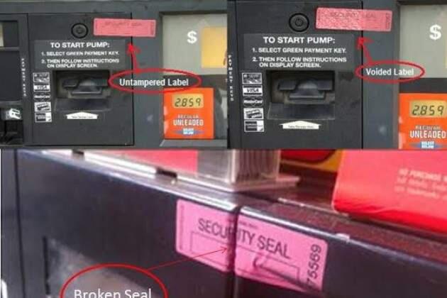 This image, from the Marin County Sheriff's Office, shows examples of an intact seal on a gas pump and a seal that has been tampered with.