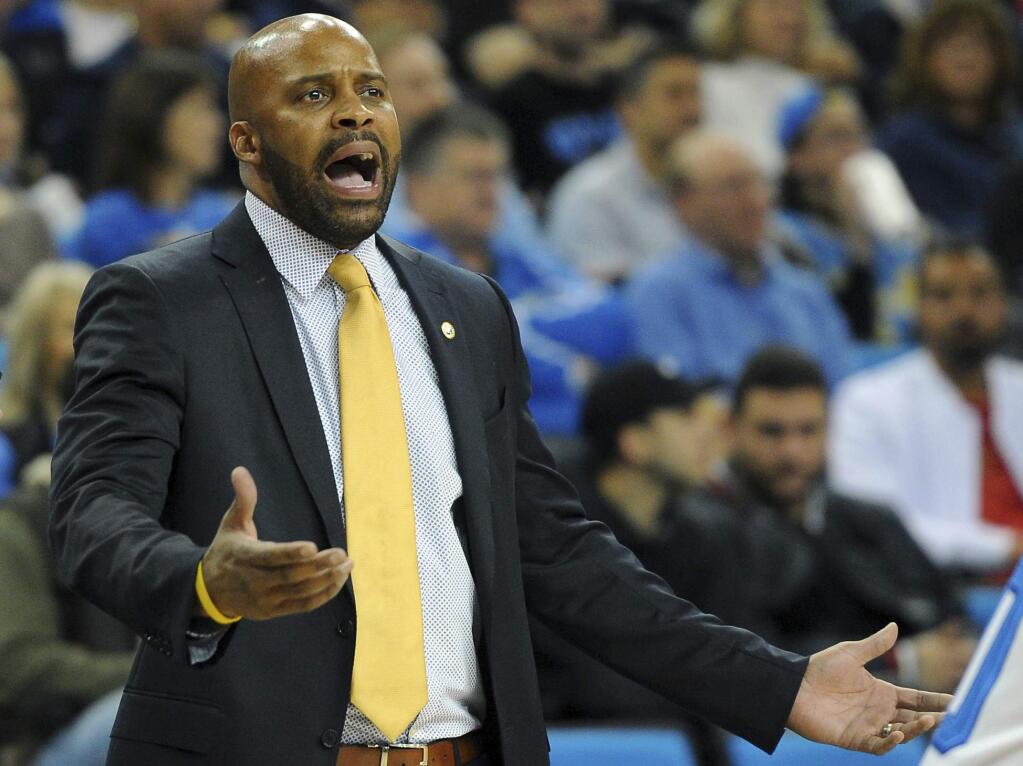 In this Jan. 5, 2017, file photo, Cal head coach Cuonzo Martin yells during a game against UCLA in Los Angeles, Thursday, Jan. 5, 2017. Martin, who led Cal's men's basketball for the past three seasons, has resigned as head coach, Athletics Director Mike Williams announced, Wednesday, March 15, 2017. (AP Photo/Michael Owen Baker, File)