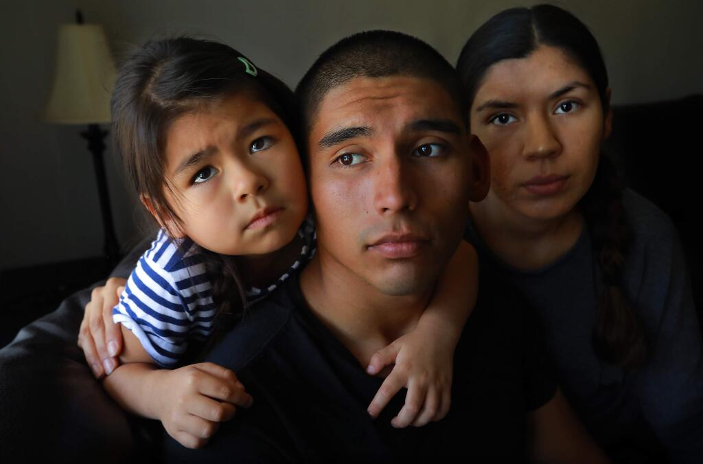 Marine recruiter Sgt. Rafael Aldama, center, his wife Alexis and daughter Marrisa, 4, had a rough start to their new lives in Santa Rosa when thieves stole their U-Haul trailer with most of their possessions inside. (photo by John Burgess/The Press Democrat)