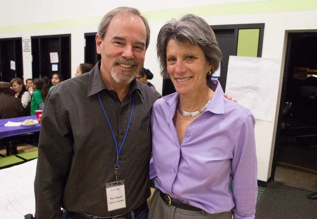Chris Coursey, left, Santa Rosa vice mayor, and Jill Ravitch, Sonoma County district attorney attend Pazole Night a fundraiser at Roseland Elementary School in Santa Rosa, Calif. Friday January 30, 2015. EDS NOTE: NAMES CQ