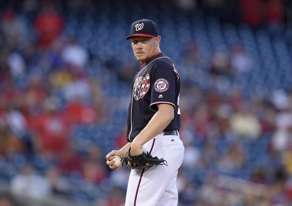 Washington Nationals relief pitcher Mark Melancon looks on during a game against the Atlanta Braves, Monday, Sept. 5, 2016, in Washington. Melancon joined the Giants in the offseason. (AP Photo/Nick Wass)