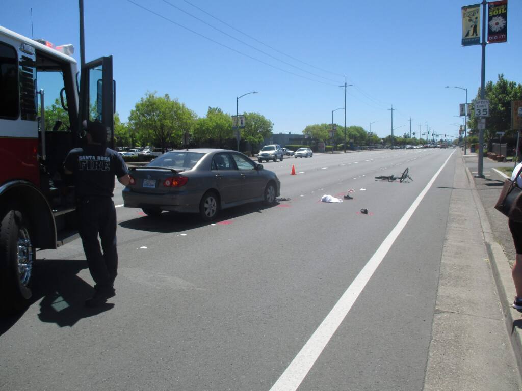 A cyclist was injured after colliding with a car on Santa Rosa Avenue on Monday, May 1, 2017. (COURTESY OF SANTA ROSA POLICE DEPARTMENT)
