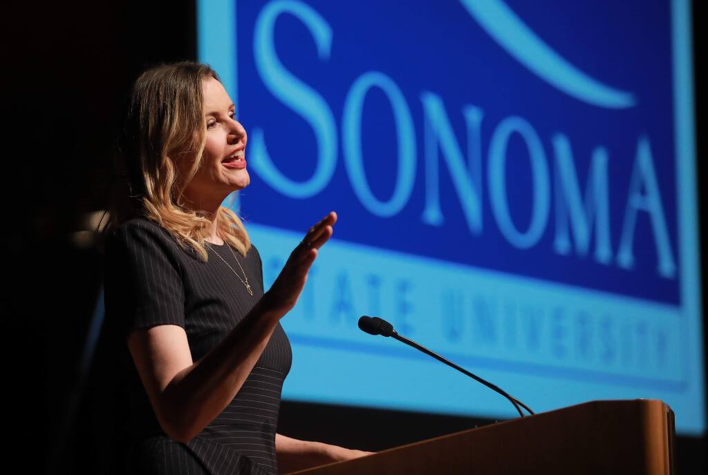 Actress Geena Davis spoke about women in the arts at the Sonoma County Women in Conversation event at the Green Music Center in Rohnert Park on Wednesday night. (John Burgess/The Press Democrat)