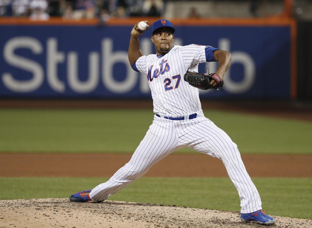 New York Mets relief pitcher Jeurys Familia delivers against the Chicago Cubs during the ninth inning Friday, June 1, 2018, in New York. (AP Photo/Julie Jacobson)