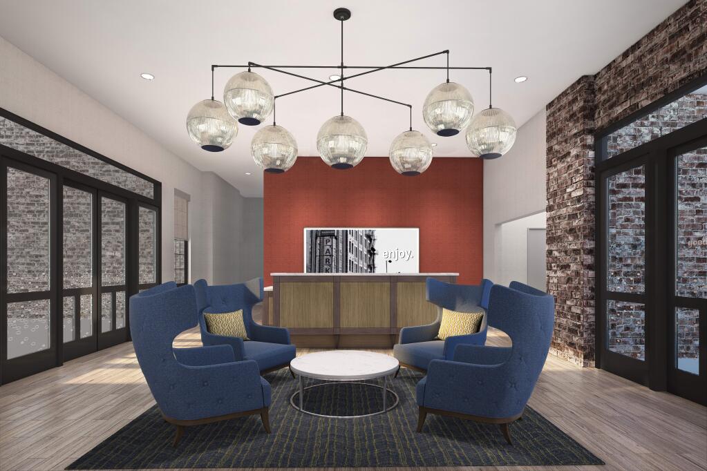 Rendering of the lobby at the future Hampton Inn Hotel that will be located at the Silk Mill in Petaluma. (BPR Properties)