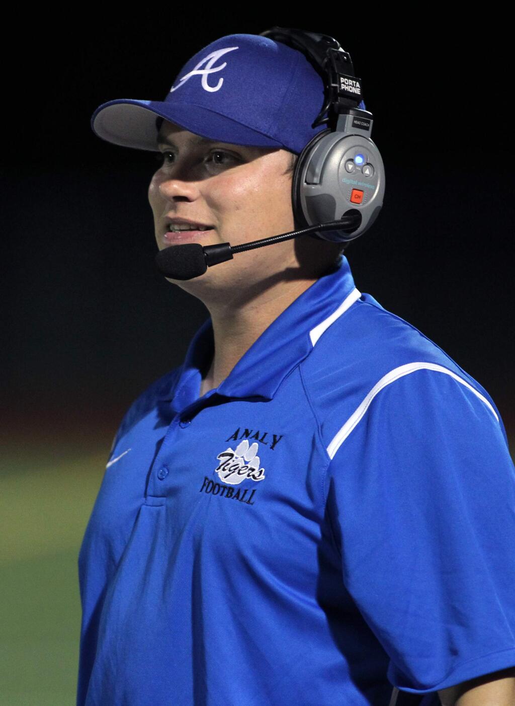 Analy High School's head coach James Foster smiles on the sidelines in the 1st half against Petaluma High School in Sebastopol, on Friday, September 22, 2017. (Photo by Darryl Bush / For The Press Democrat)