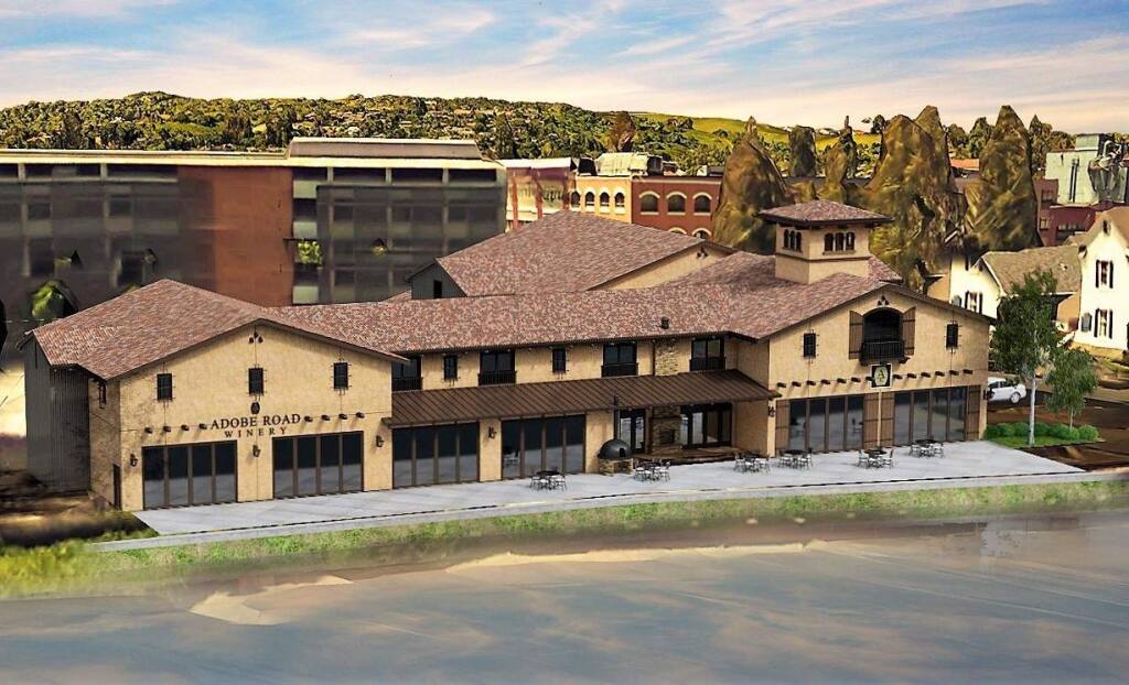 A rendering of Adobe Road Winery's planned tasting room and car museum in downtown Petaluma.