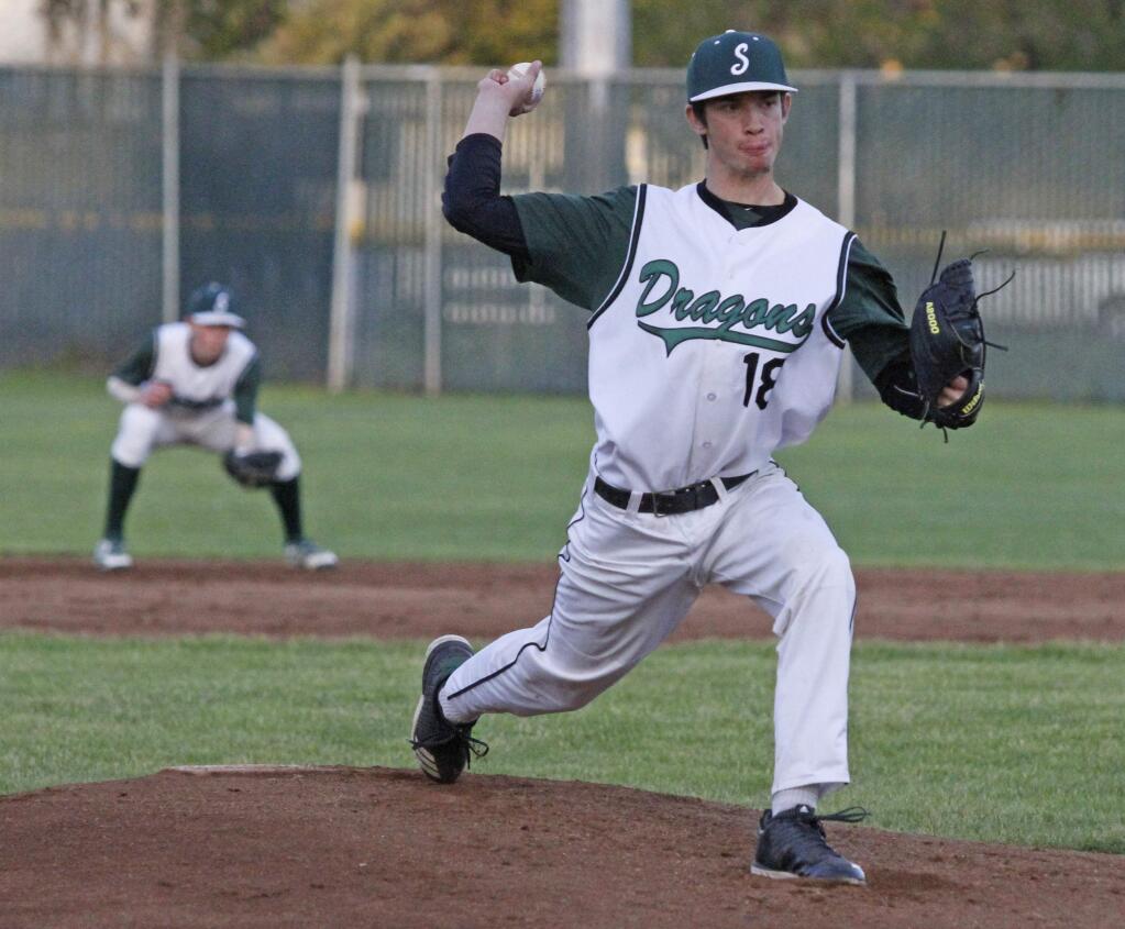 Bill Hoban/Index-TribuneSonoma's Jeremy Mackling delivers a pitch during Tuesday's game against Analy. Mackling hurled a complete game and drove in the winning run as the Dragons beat the Tigers 2-1.