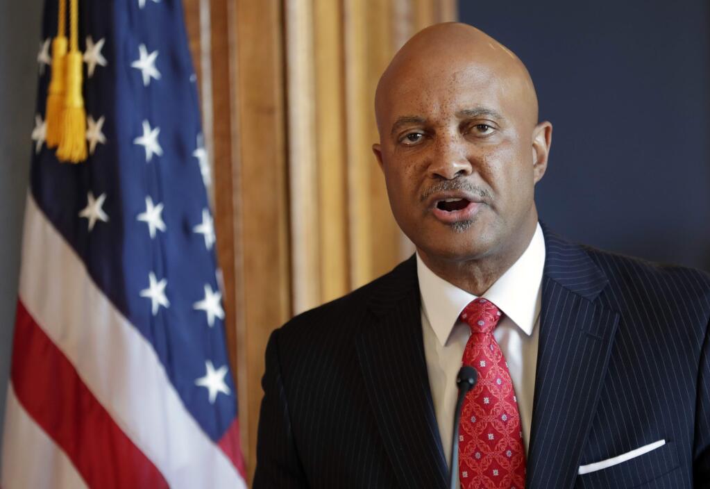 FILE - In this July 9, 2018, file photo, Indiana Attorney General Curtis Hill speaks during a news conference at the Statehouse in Indianapolis. Fort Wayne attorney Daniel Sigler, a special prosecutor who helped investigate allegations that Hill drunkenly groped a lawmaker and three legislative staffers, is planning an announcement Tuesday, Oct. 23, 2018, in Indianapolis on that investigation. (AP Photo/Michael Conroy, File)