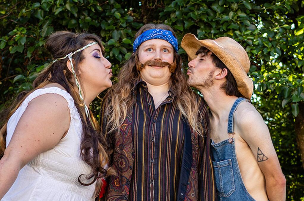 Hande Gokbas as Phoebe, Grace Reid as Rosalind and Zack Acevedo as Silvius in the Raven Players production of Shakespeare's 'As You Like It' from July 25 to Aug 10 at Healdsburg's West Plaza Park. (Ray Mabry Photography)