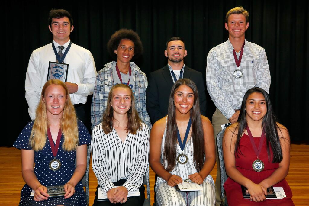All-Empire Athletes and Scholar-Athletes of 2018-2019. Seated, from left to right: Mary Almy, Cardinal Newman; Gabrielle Peterson, Healdsburg; Tehya Bird, Cloverdale; and Adriana Lopez, Upper Lake. Standing, from left to right: Connor Barbato, Rancho Cotate; Andre Williams, Sonoma Academy; Jose Fernandez, Upper Lake; and David Mertz, Santa Rosa. Photographed at the Friedman Center in Santa Rosa on Tuesday, May 7, 2019. (Alvin Jornada / The Press Democrat)