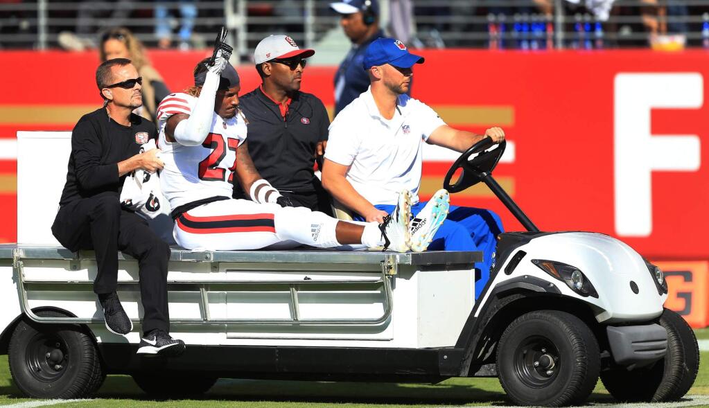 Adrian Colbert is carted off the field against the Los Angeles Rams, after suffering a high ankle strain, Sunday, October 21, 2018. Colbert was placed on injured reserve by the 49ers. (Kent Porter / The Press Democrat) 2018