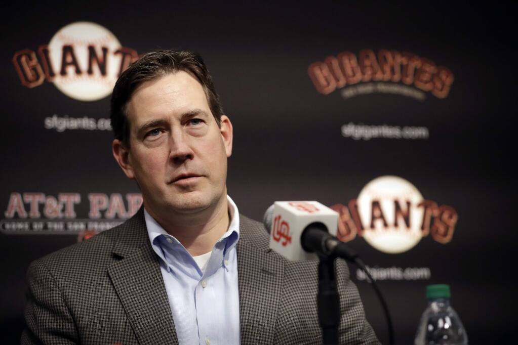 In this Jan. 19, 2018, file photo, San Francisco Giants general manager Bobby Evans during a news conference in San Francisco. Evans has been fired as the Giants' general manager, Monday, Sept. 24, 2018. (AP Photo/Marcio Jose Sanchez, File)
