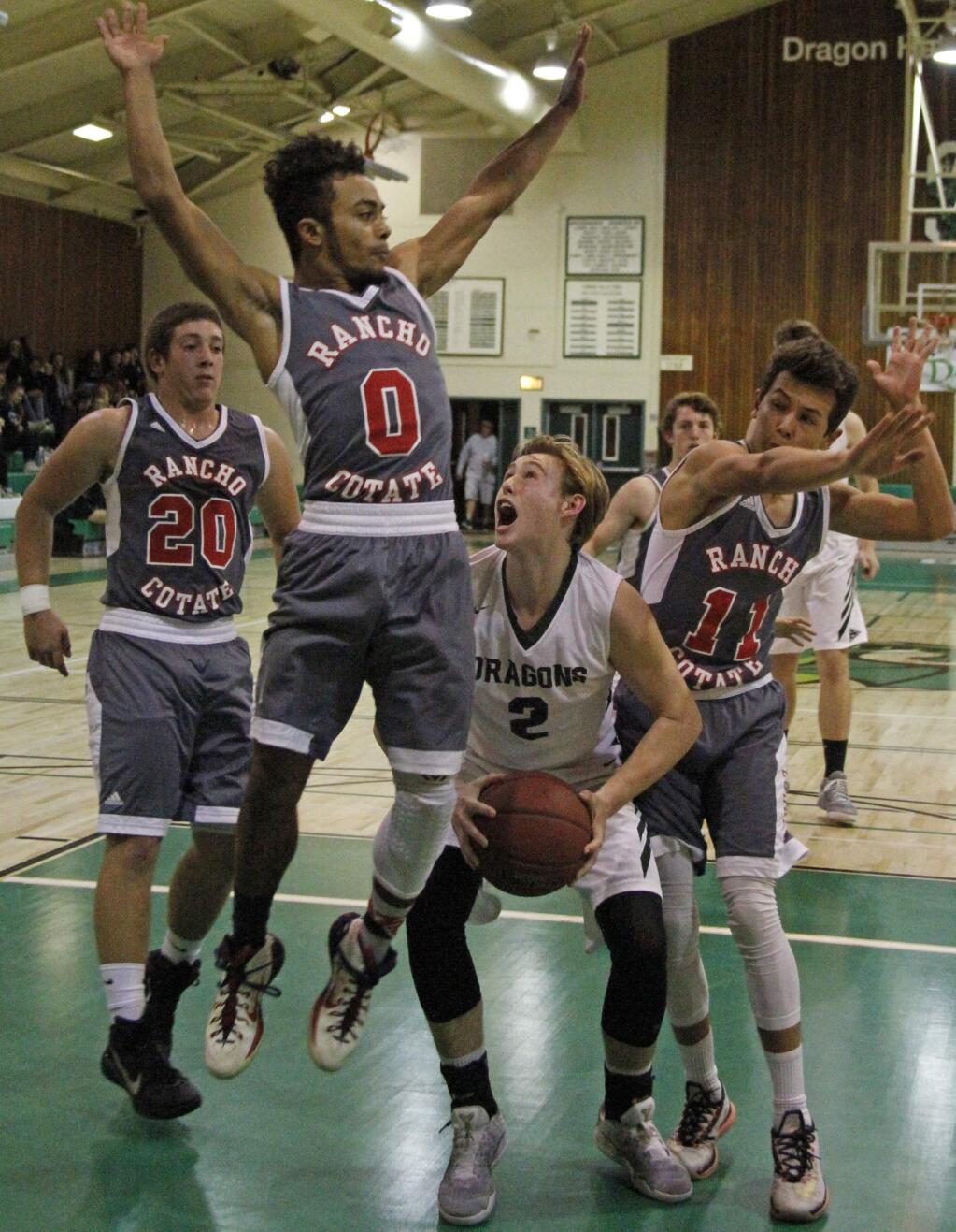 Bill Hoban/Index-TribuneSonoma's Luke Severson looks to put up a shot during Tuesday night's game against Rancho Cotate. The Dragons beat Rancho Cotate, 48-39.
