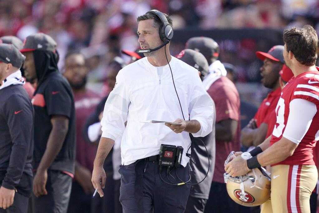 San Francisco 49ers head coach Kyle Shanahan watches during the second half of an NFL football game between the 49ers and the Pittsburgh Steelers in Santa Clara, Calif., Sunday, Sept. 22, 2019. (AP Photo/Tony Avelar)