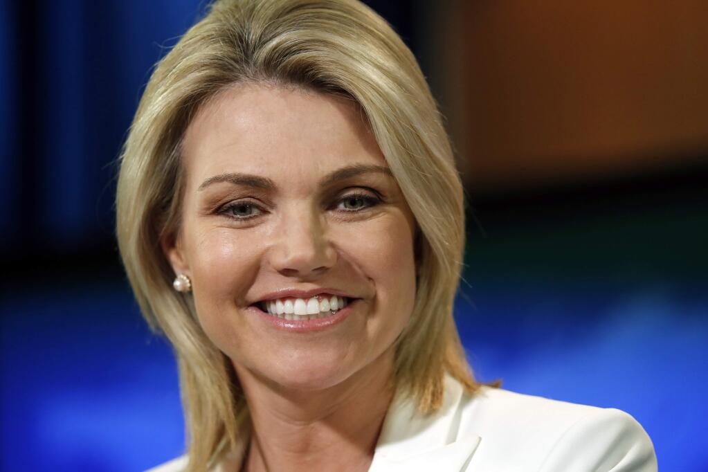FILE - In this Aug. 9, 2017, file photo, State Department spokeswoman Heather Nauert speaks during a briefing at the State Department in Washington. President Donald Trump is expected to nominate Nauert to be the next U.S. ambassador to the United Nations. Two administration officials confirmed Trump's plans. A Republican congressional aide said the president was expected to announce his decision by tweet on Friday morning, Dec. 7, 2018. The officials were not authorized to speak publicly. (AP Photo/Alex Brandon, File)