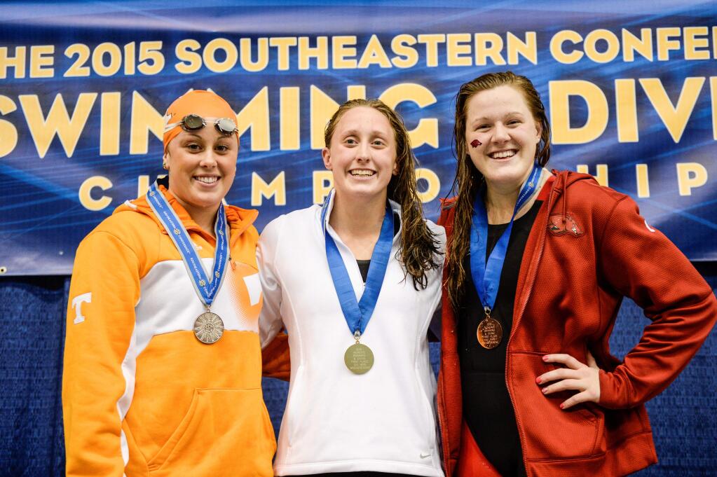 Tennessee swimmer Molly Hannis, far left, after the 100-meter breaststroke final at the 2015 SEC Championships. (Auburn Athletic Department)