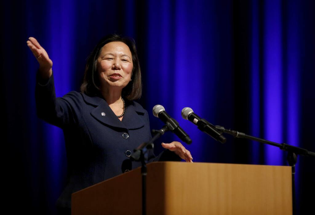 Sonoma State University President Judy Sakaki addresses students and faculty during her first convocation at Weill Hall at the Green Music Center on the Sonoma State University campus in Rohnert Park , on Monday, August 22, 2016. (BETH SCHLANKER/ The Press Democrat)