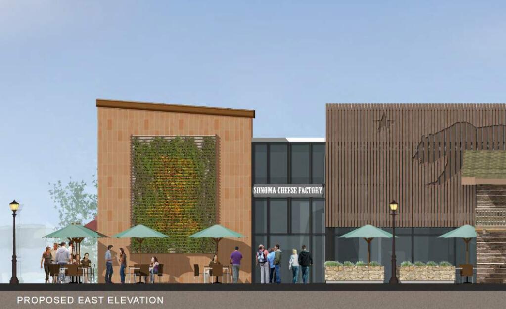Developer's proposed design changes for the east wall of the Sonoma Cheese Factory, with an expanded pedestrian causeway from the parking lot behind it. The building at the right side is the Barracks building, from the Sonoma State Park.