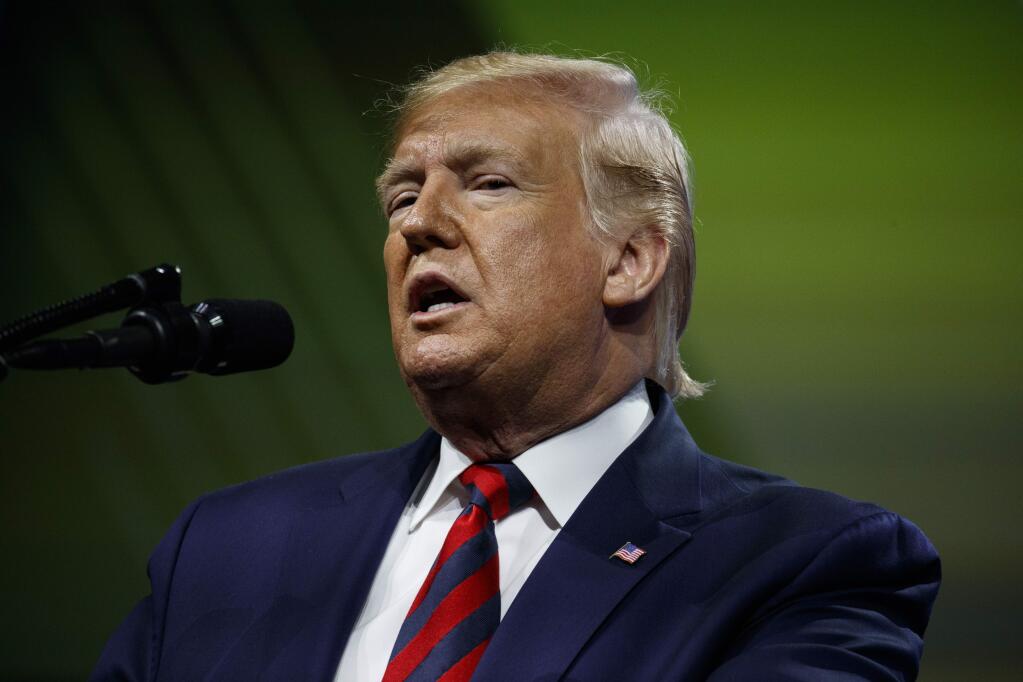 President Donald Trump speaks to the International Association of Chiefs of Police Annual Conference and Exposition, at the McCormick Place Convention Center Chicago, Monday, Oct. 28, 2019, in Chicago. (AP Photo/Evan Vucci)