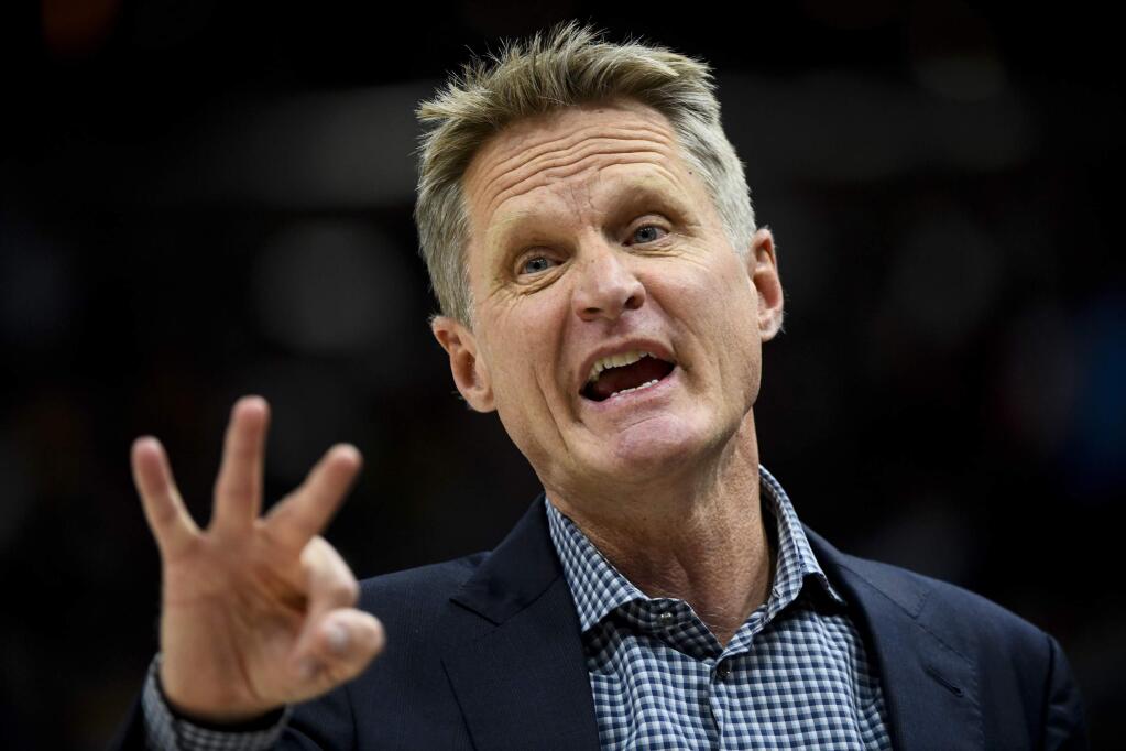 Golden State Warriors head coach Steve Kerr yells to his players in the first half against the Utah Jazz Tuesday, April 10, 2018, in Salt Lake City. (AP Photo/Alex Goodlett)