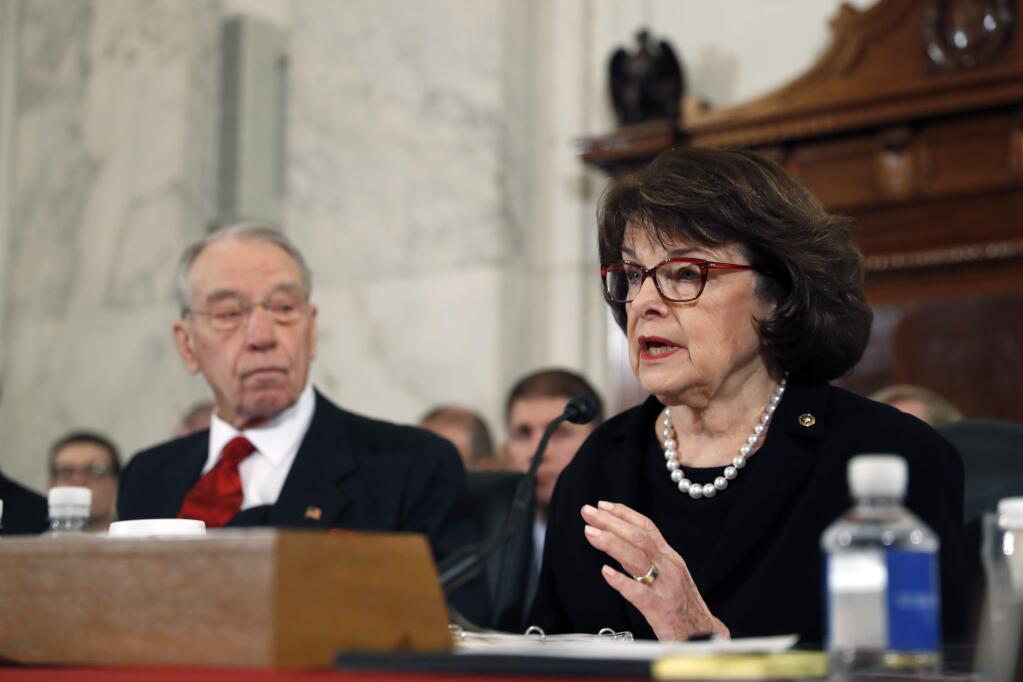 Senate Judiciary Committee Chairman Sen. Charles Grassley, R-Iowa listens at left, as the committee's ranking member, Sen. Dianne Feinstein, D-Calif. questions Attorney General-designate, Sen. Jeff Sessions, R-Ala. during Sessions confirmation hearing before the copmmittee, Tuesday, Jan. 10, 2017, on Capitol Hill in Washington. (AP Photo/Alex Brandon)