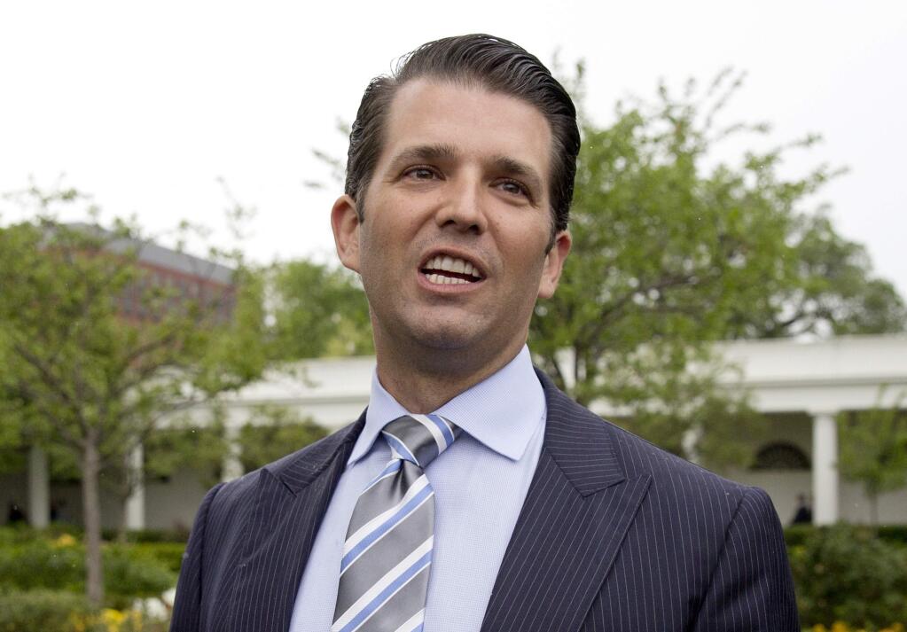 In this April 17, 2017 file photo, Donald Trump Jr., the son of President Donald Trump, speaks to media on the South Lawn of the White House in Washington. Donald Trump Jr. told the Senate Judiciary Committee that he didn't think there was anything wrong with meeting a Russian lawyer who was promising dirt on Hillary Clinton in 2016. That's according to transcripts of his interview with the panel earlier this year. (AP Photo/Carolyn Kaster)