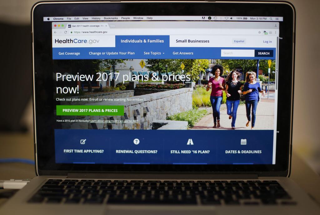The HealthCare.gov 2017 web site home page as seen in Washington, Monday, Oct. 24, 2016. The Obama administration is confirming that premiums will go up sharply next year for health insurance sold to millions of consumers through HealthCare.gov. (AP Photo/Pablo Martinez Monsivais)